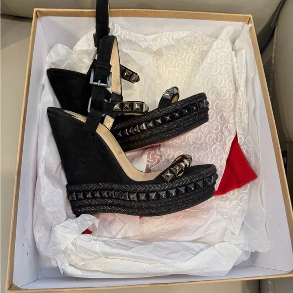 Christian Louboutin Black Studded Espadrille Wedge Sandals - Picture 1 of 7